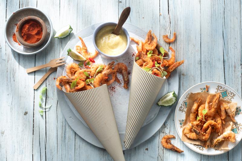 Indian crispy baby prawns in a cone